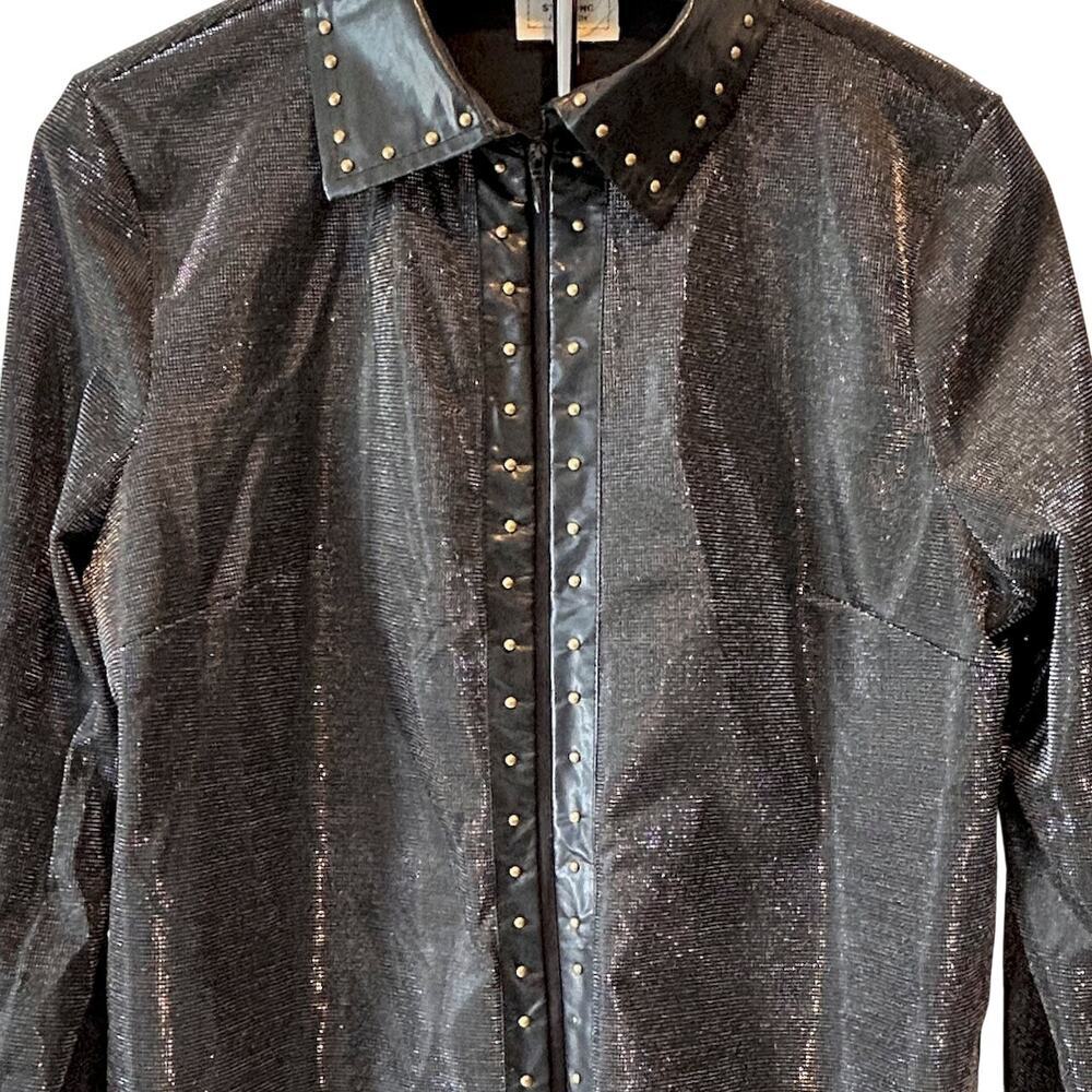 NWOT Unisex Black Leather Gold Studded Glitter Oversized Mesh Western Rock XS - Picture 2 of 8